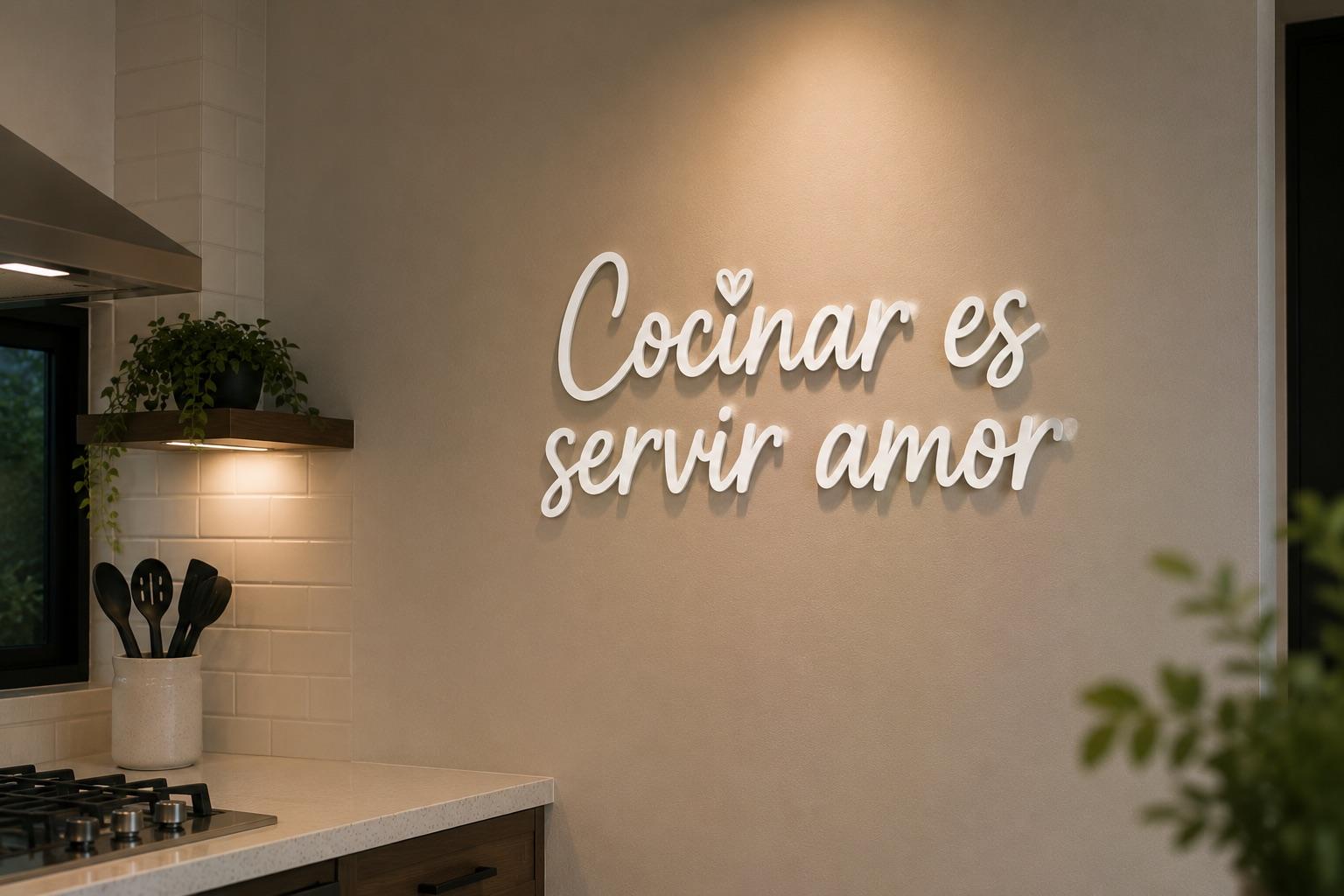 Letras de acrílico 'Cocinar es servir amor' en la pared de una cocina