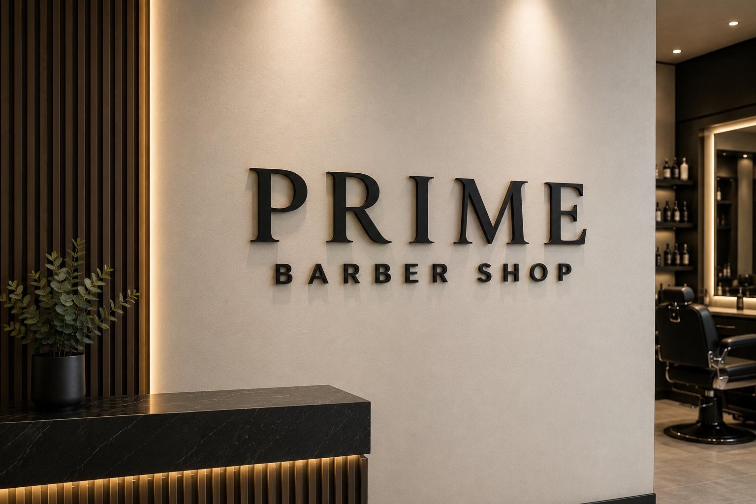Logo de acrílico negro 'Prime Barber Shop' montado en la pared de una barbería