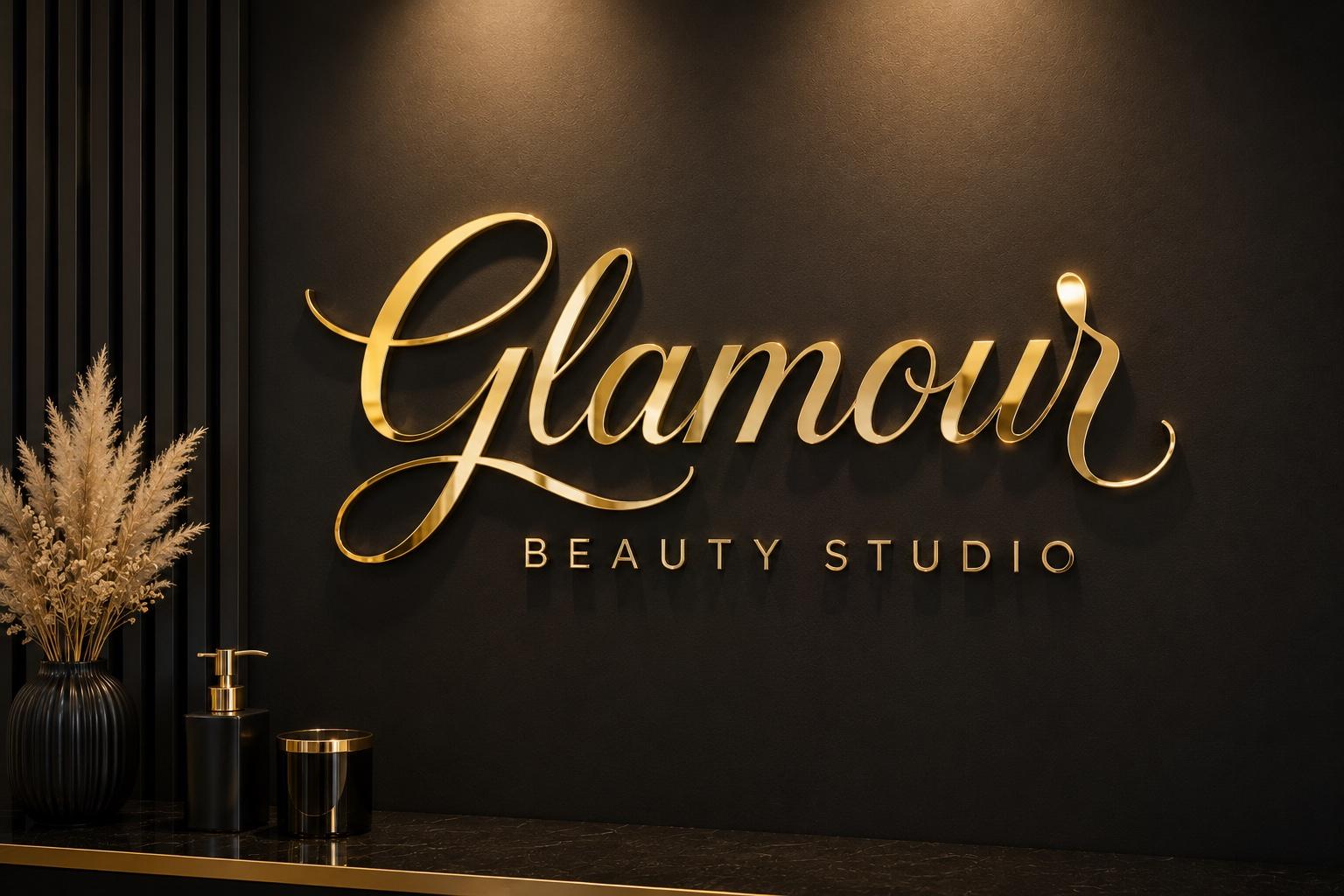 Logo de acrílico dorado 'Glamour Beauty Studio' en una pared oscura de recepción